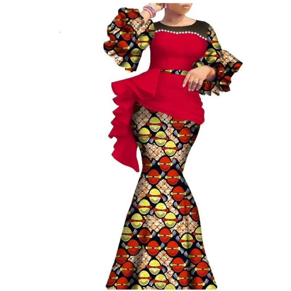 Women’s Ankara Print Lantern Sleeve Maxi Dress – Dashiki | Pearl Detail | Cotton Wax | Wedding & Party | XS–6XL + Custom | 14 Prints