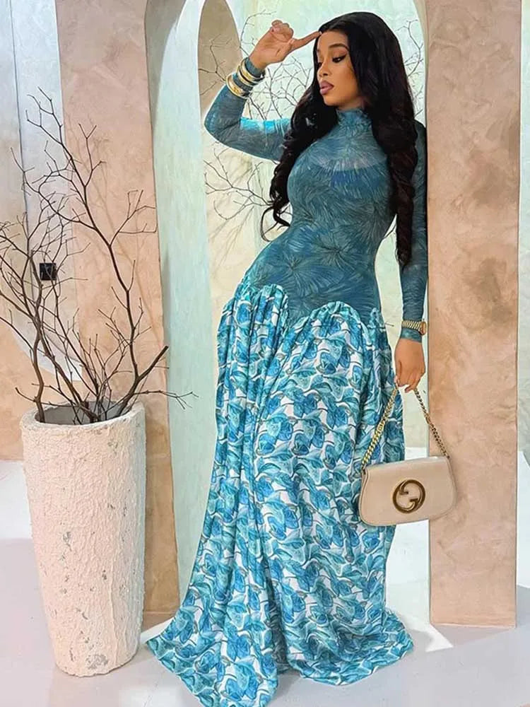 Robe longue femme automne bleu clair, manches longues, taille ajustée, col mi-montant, chic élégante, tenue de soirée