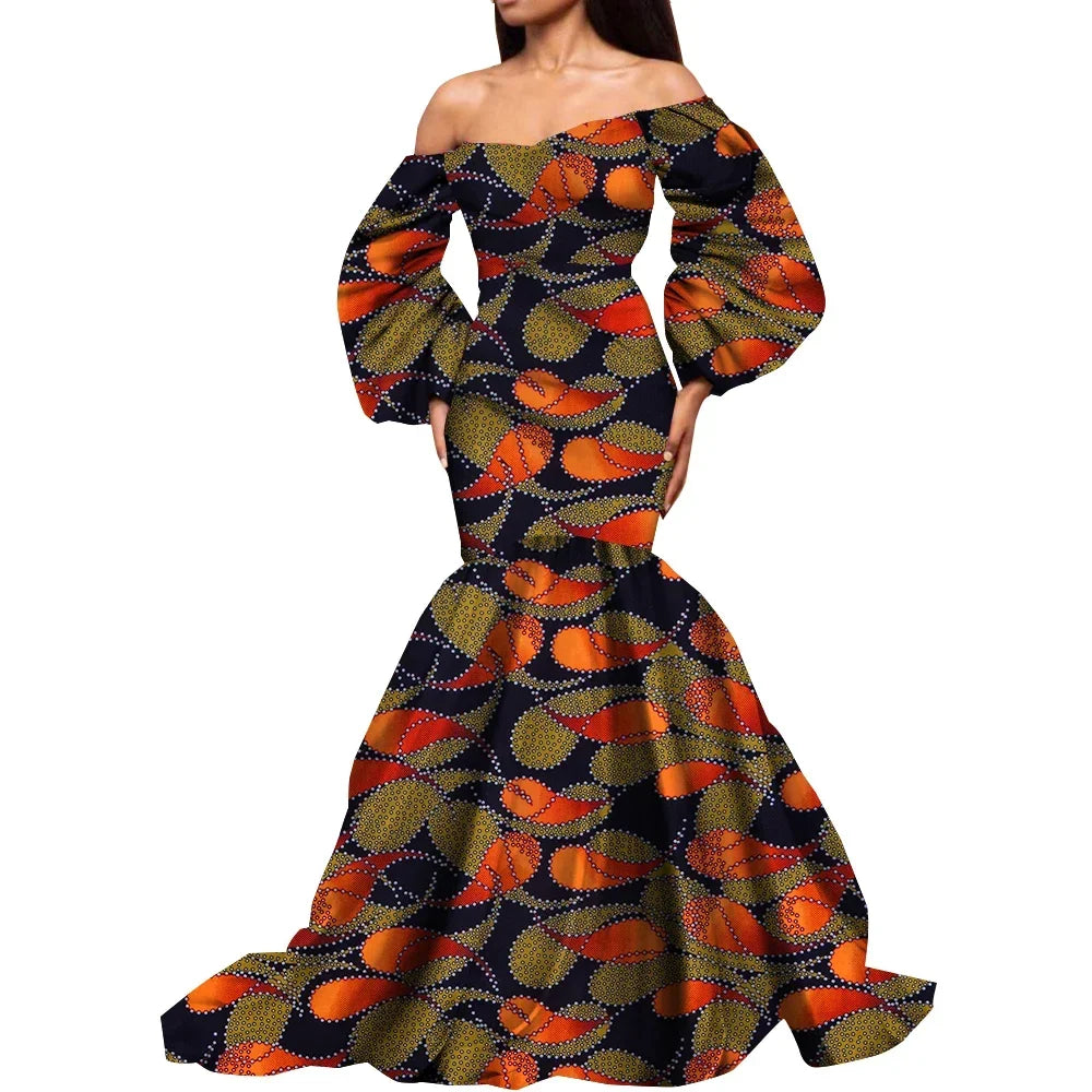 Dashiki African Dresses for Women Daily Party Wedding African Women Dresses Floor-Length Long Puff Sleeve Bandeau Dress Kg1092
