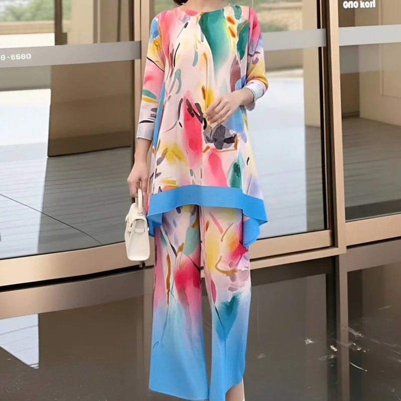 LANMREM Blue Green Tie-Dye Print Women's Two-piece Set Three-quarter Sleeves A-line Top Wide Leg Pants 2026 Spring New 2DB7115