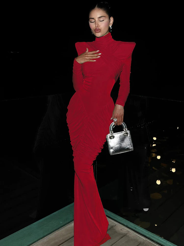 Women's Backless Turtleneck Ruched Maxi Dress