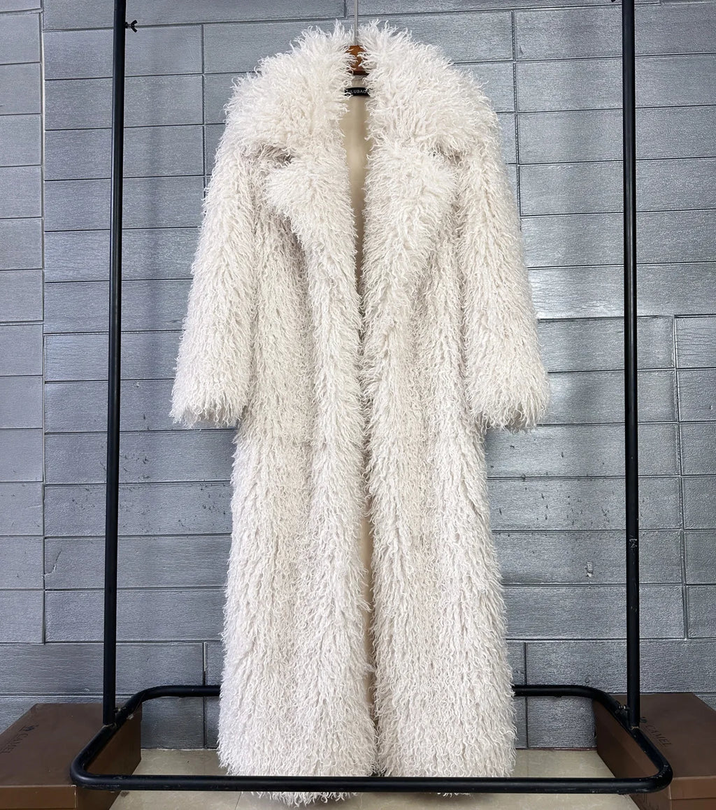 LANMREM Colorful Women's Furry Coat Rose Pink Faux Fur Coat Suit Collar Autumn Winter Thick Cardigan Long Overcoat Chic 2DB5859