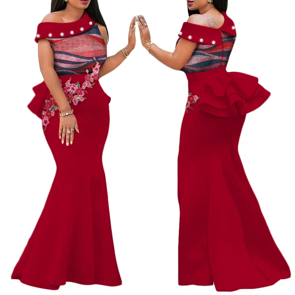 Women’s Ankara Print Appliqué & Pearl Long Dress – Draped | Kanga Riche | Wedding, Party & Traditional | XS–6XL + Custom | 11 Prints