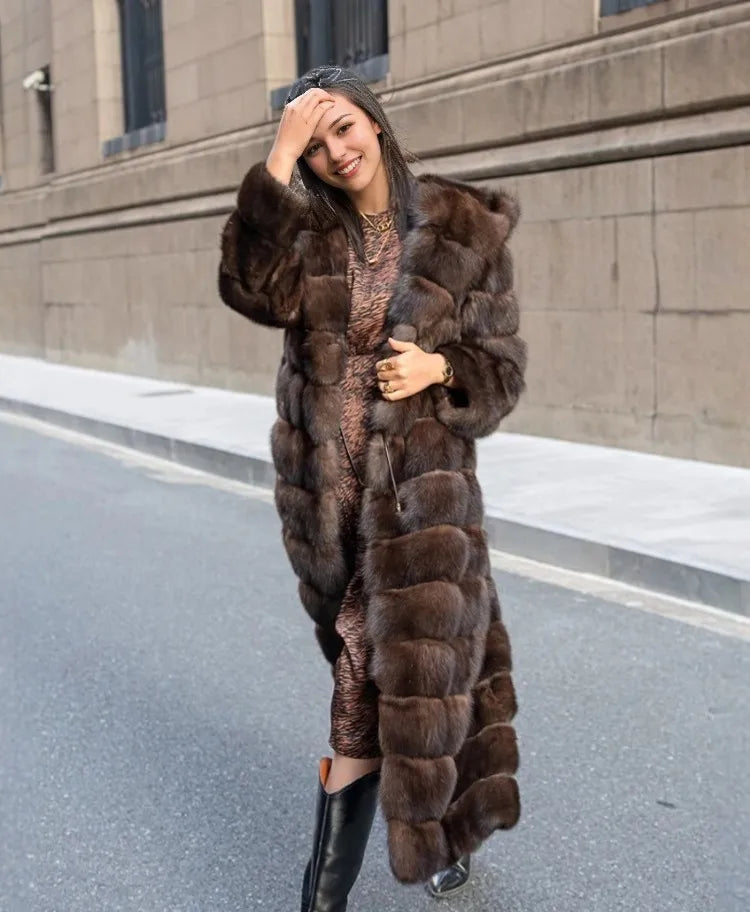 Manteau Chic Vintage Marron pour Femme, en Fausse Fourrure, à Capuche, Chaud, Épais, avec Bordure en Fourrure, Respectueux de l'Environnement