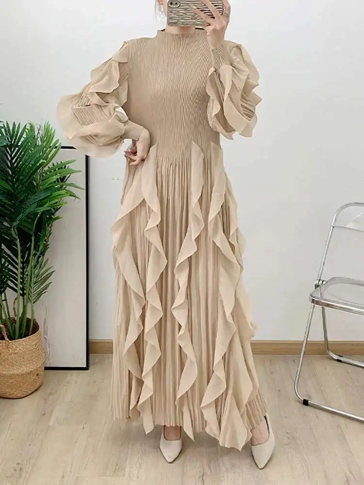 Women's Pleated Stand-Collar A-Line Dress