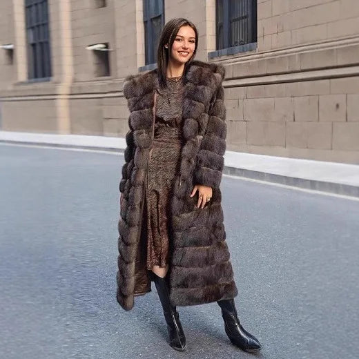 Manteau Chic Vintage Marron pour Femme, en Fausse Fourrure, à Capuche, Chaud, Épais, avec Bordure en Fourrure, Respectueux de l'Environnement