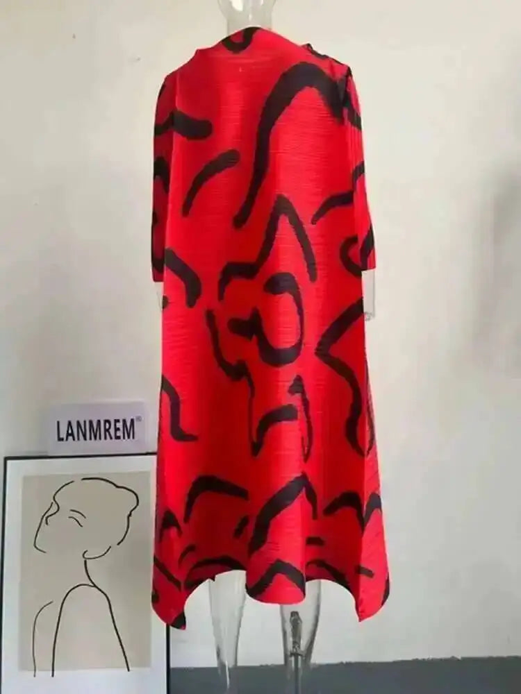 LANMREM Color Block Pleated Dress Women Loose Style Long Length Fashion Dresses Festival Clothes 2024 Spring Summer New 2DA1028