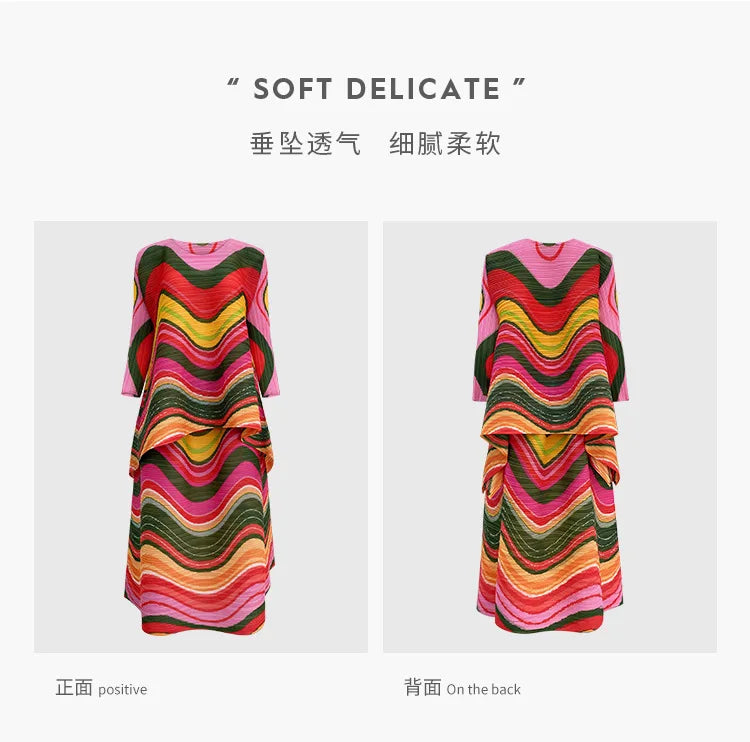 2025 Spring New Women's 2 Piece Set Miyake Pleated Top Fashion Stripe Age Reducing Suit Fashionable Matching Printed Half Skirt