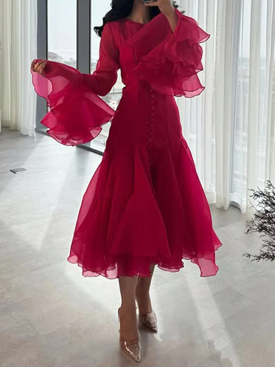 VGH Patchwork Irregular Hem Midi Dress for Women Round Neck Ruffles Sleeve High Waist Temperament Elegant Prom Dresses Female