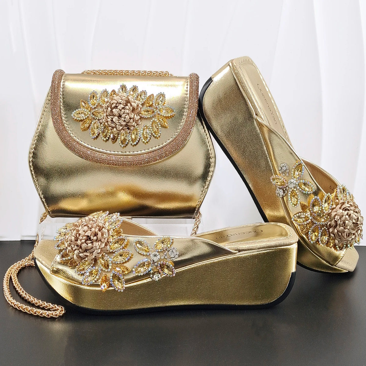 Newest Italian Design Special Synthetic Fabrics Women's Wedge heel Matching Shoe and Bag Set High Heel for Weddings and Parties
