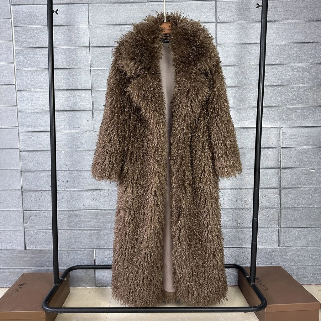 LANMREM Colorful Women's Furry Coat Rose Pink Faux Fur Coat Suit Collar Autumn Winter Thick Cardigan Long Overcoat Chic 2DB5859