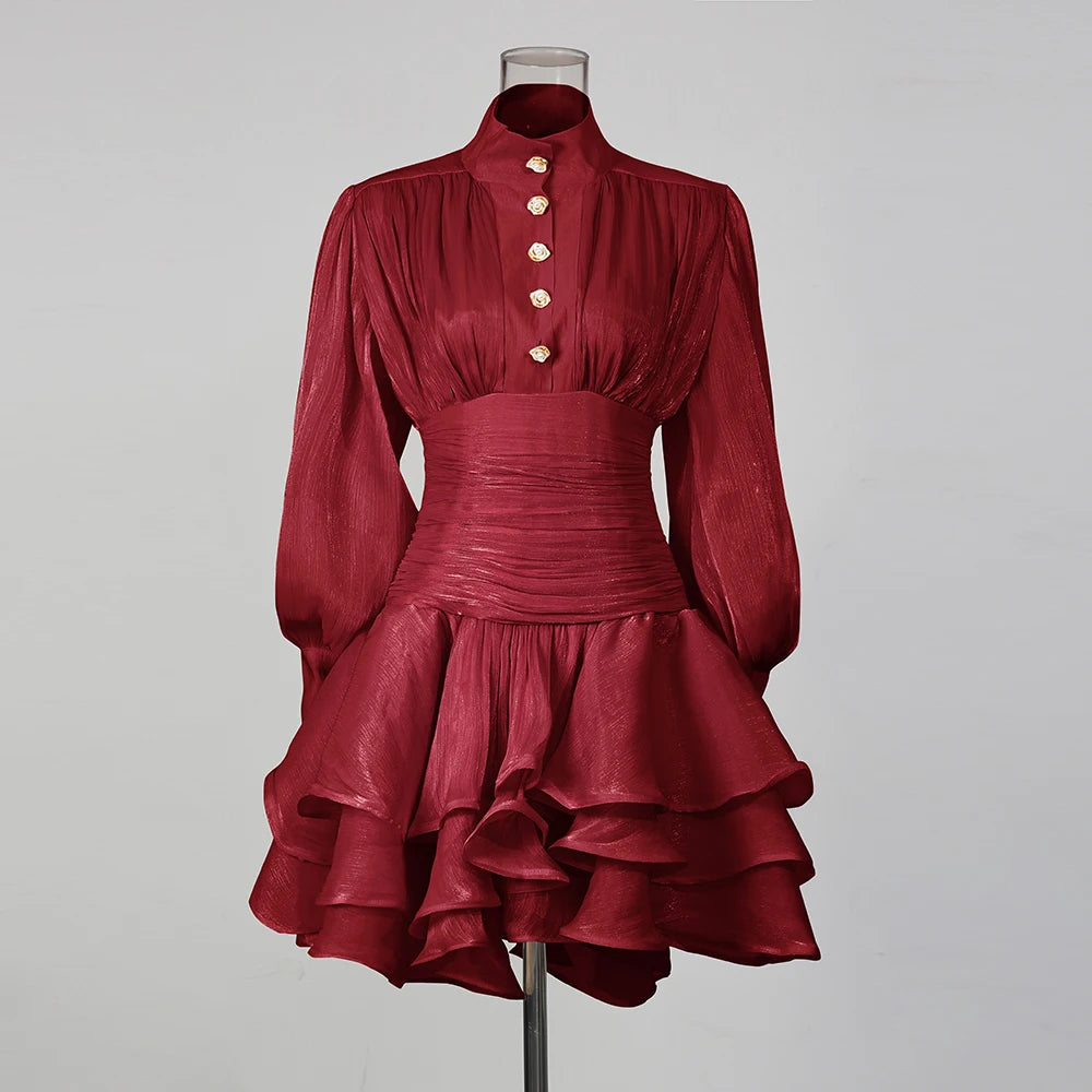 Women's High-Neck Puff-Sleeve Tiered Mini Dress