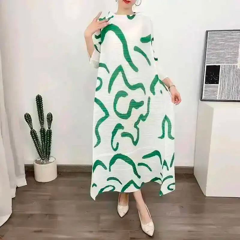 LANMREM Color Block Pleated Dress Women Loose Style Long Length Fashion Dresses Festival Clothes 2024 Spring Summer New 2DA1028