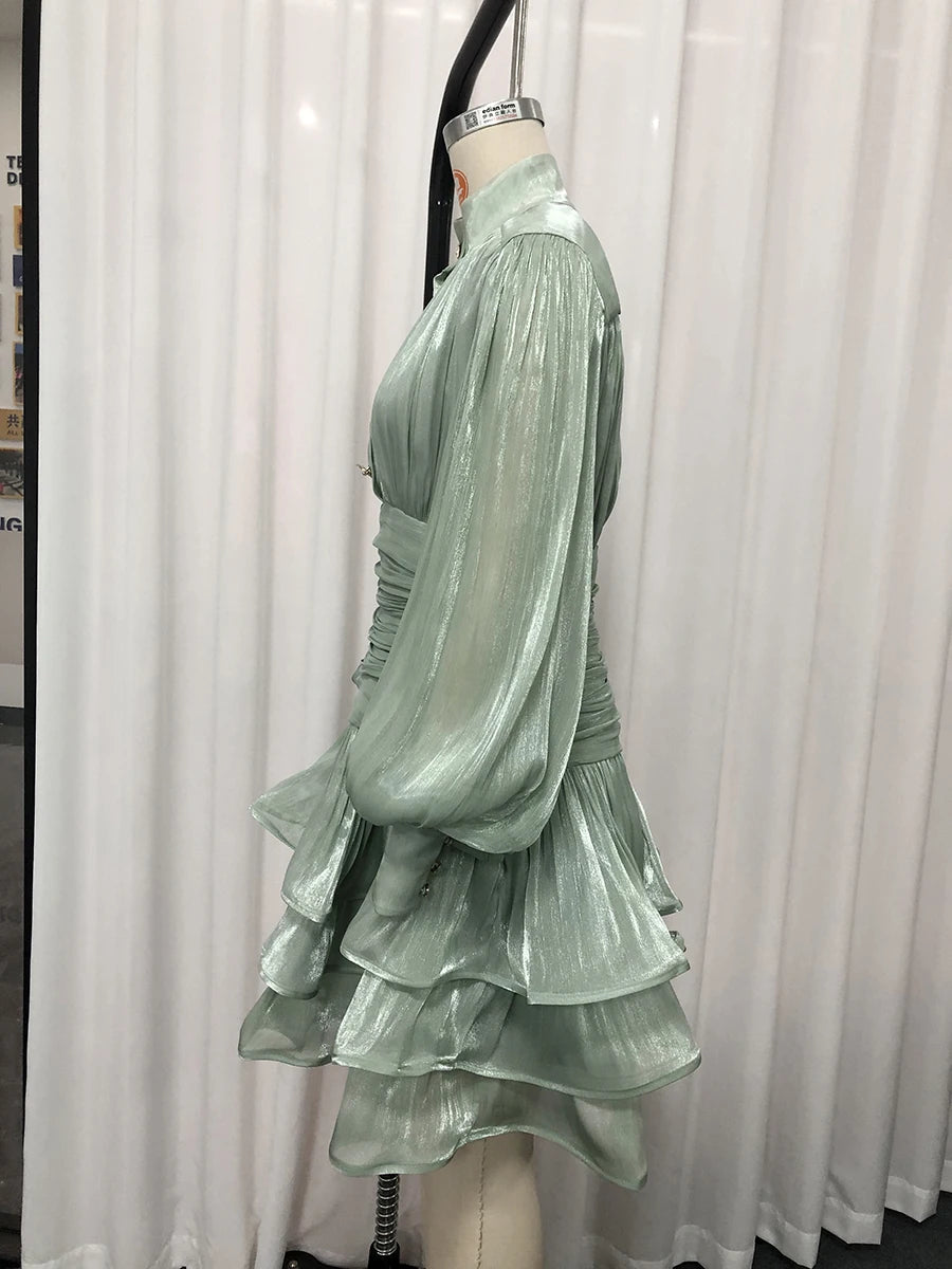 VGH Elegant Pink High Neck Organza Fabric Mini Dresses for Women Puff Sleevs Ruched Waist Tiered Ruffles for Cocktail Parties