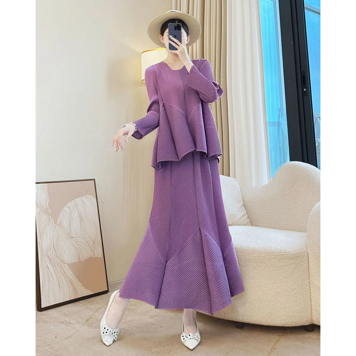 LANMREM Niche New Pleated Women's Two Pieces Set Round Collar Long Sleeve Irregular Patchwork T-shirt And Fishtail Skirt 2DB5114