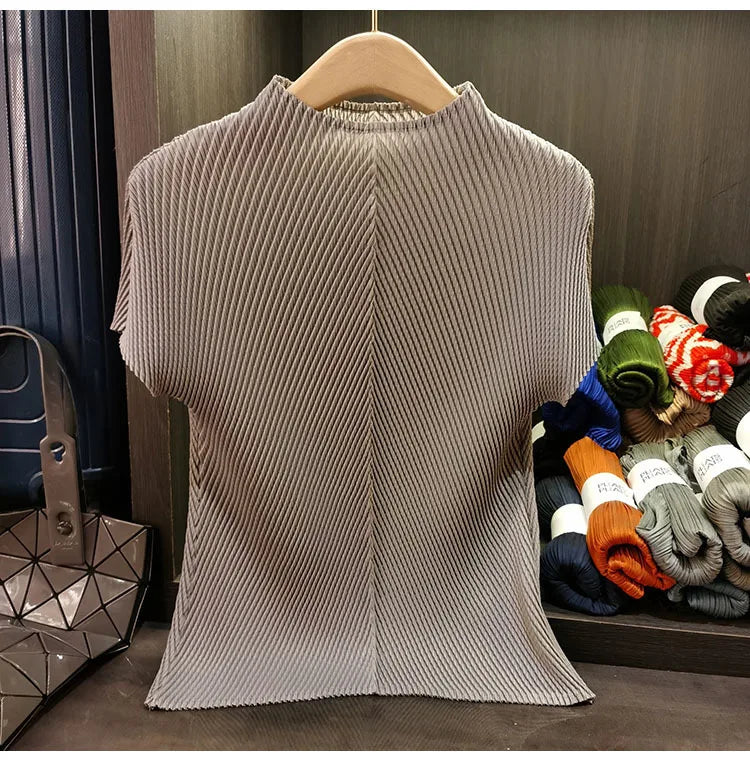 LANMREM Stand Collar Dragon Scale Pleated T-shirt High-end Versatile Slimming Short Sleeved Women's Summer Pullover Tops 2DB3044