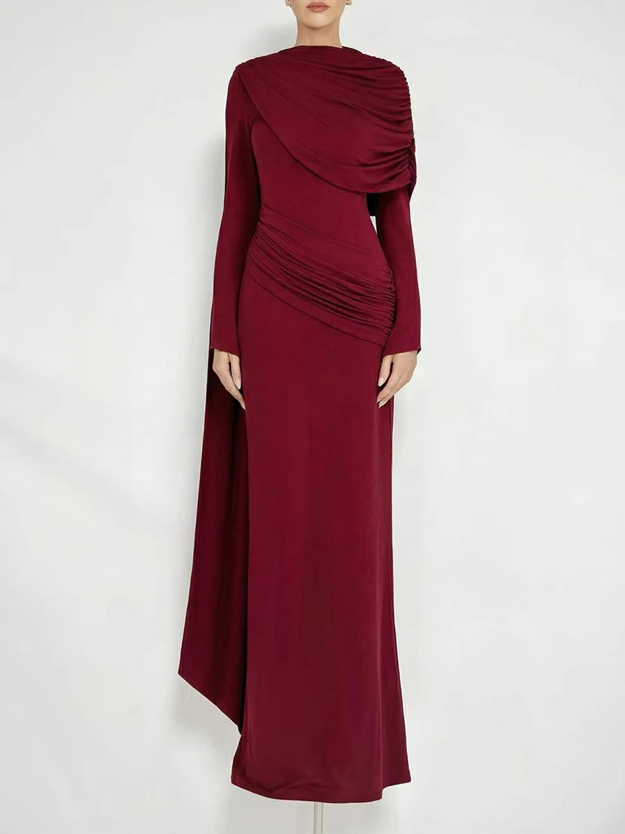 VGH Wedding Guests Green Shawl Mermaid Maxi Dress for Round Neck Flared Long Sleeve Draped Bodycon Skirt for Galas Red Carpet