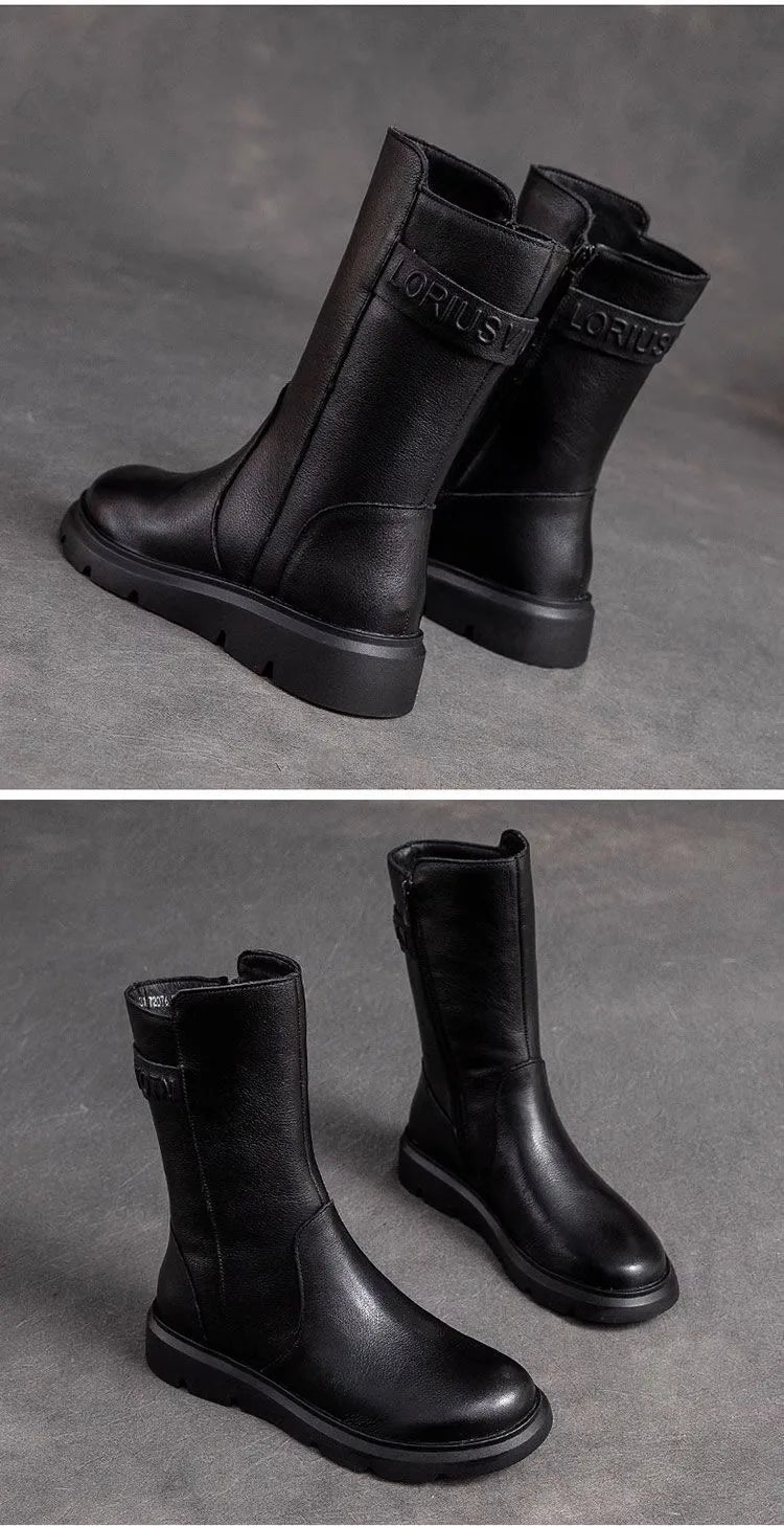 Genuine Leather Mid-Calf Motorcycle Boots Women's Autumn Winter New Style Retro Soft Bottom  Boots Trendy Short Boots