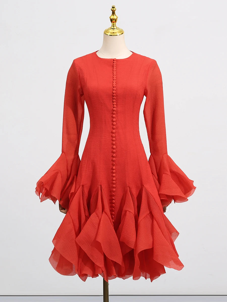 VGH Patchwork Irregular Hem Midi Dress for Women Round Neck Ruffles Sleeve High Waist Temperament Elegant Prom Dresses Female