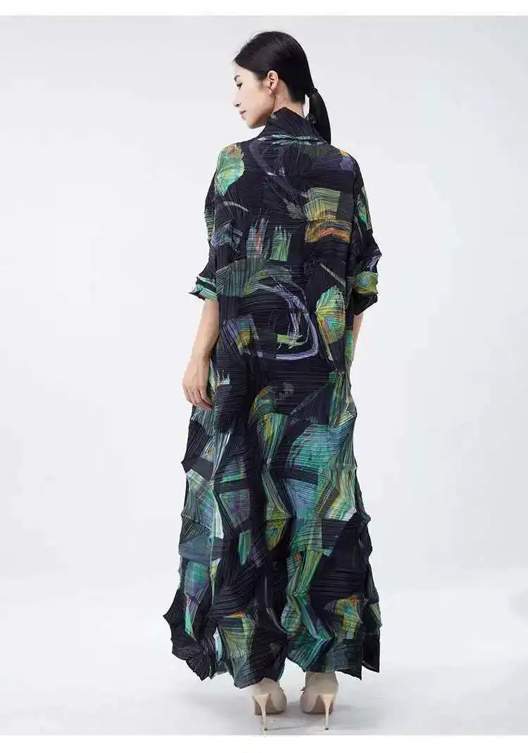 LANMREM Large Size Pleated Dress For Women Turtleneck Printing Loose Dresses Female Casual Clothing 2025 Spring New 2DB2113