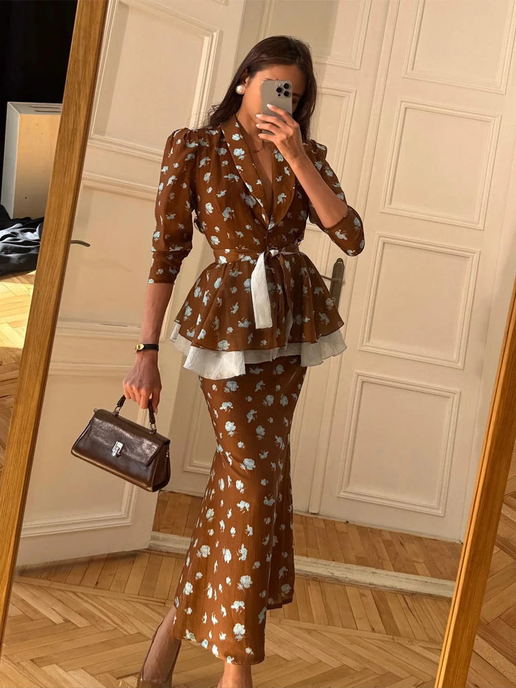Polka Dot Two-Piece Set | High Collar Top & Ankle-Length Skirt