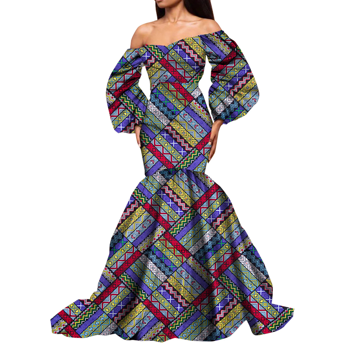 Dashiki African Dresses for Women Daily Party Wedding African Women Dresses Floor-Length Long Puff Sleeve Bandeau Dress Kg1092