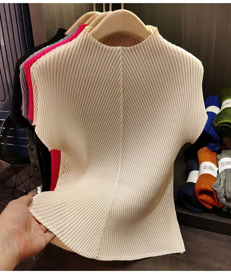 LANMREM Stand Collar Dragon Scale Pleated T-shirt High-end Versatile Slimming Short Sleeved Women's Summer Pullover Tops 2DB3044