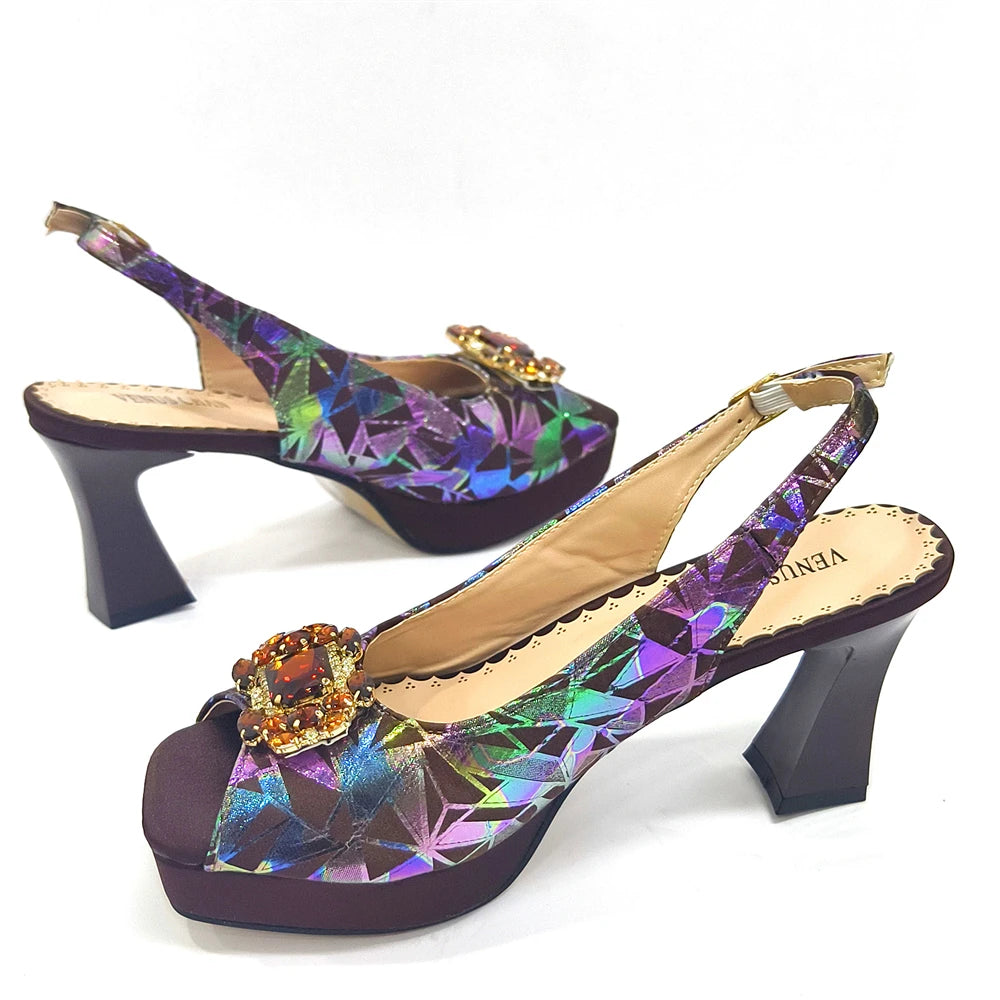 Elegant Women Heels for Peep Toe Good Material Design Rhinestone Fuchsia Sandals Italian Shoes and Bags