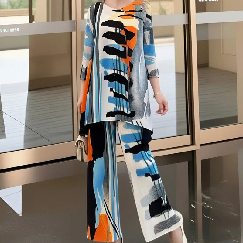 LANMREM Blue Green Tie-Dye Print Women's Two-piece Set Three-quarter Sleeves A-line Top Wide Leg Pants 2026 Spring New 2DB7115