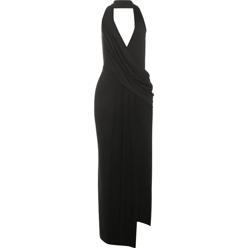 Sexy Backless Long Dress Women Halter Deep V-Neck Sleeveless High Splits Hem New Trend Pool Style Elegant Vestidos