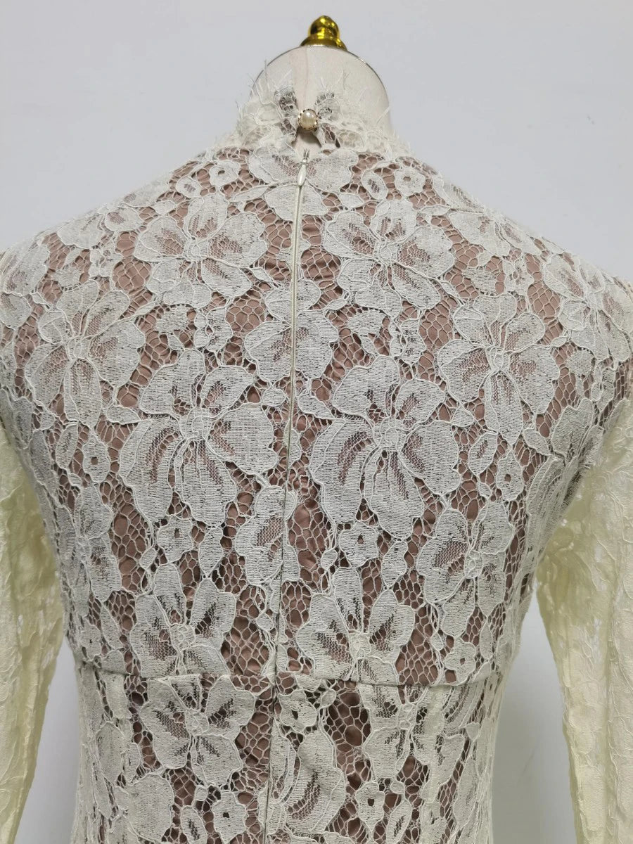 VGH White Loose Spliced Lace Chic Dresses for Women O Neck Long Sleeve French Elegant Dress Female Summer Fashion Style Clothing