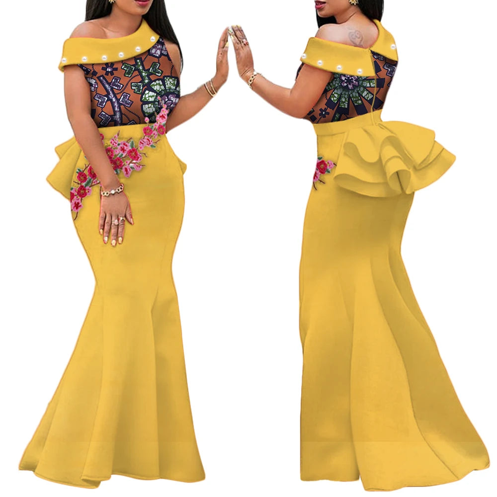 Women’s Ankara Print Appliqué & Pearl Long Dress – Draped | Kanga Riche | Wedding, Party & Traditional | XS–6XL + Custom | 11 Prints
