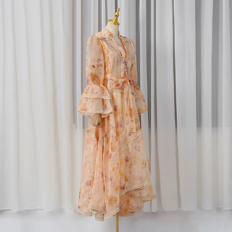 VGH Spring Colorblock Printing Dress for Women Stand Collar Puff Sleeves High Waist Elegant Birthday Party Long Dresses Female