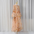 VGH Spring Colorblock Printing Dress for Women Stand Collar Puff Sleeves High Waist Elegant Birthday Party Long Dresses Female