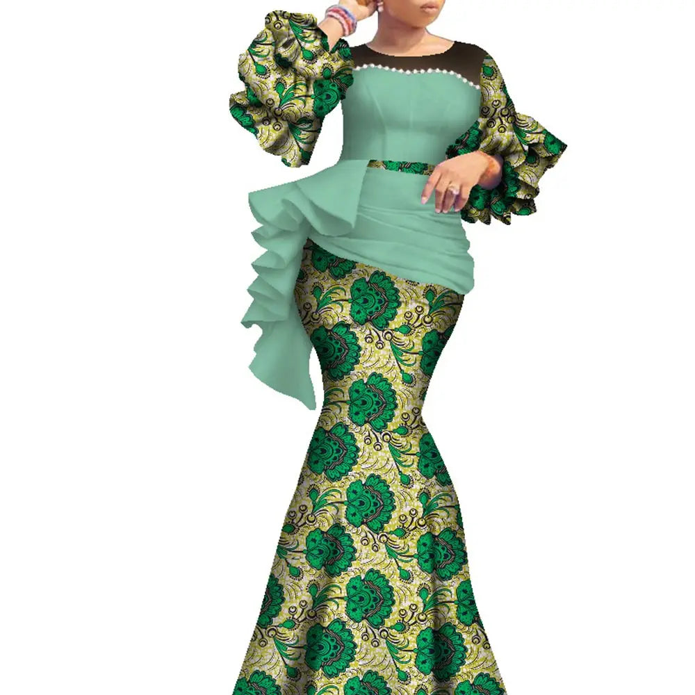 Women’s Ankara Print Lantern Sleeve Maxi Dress – Dashiki | Pearl Detail | Cotton Wax | Wedding & Party | XS–6XL + Custom | 14 Prints