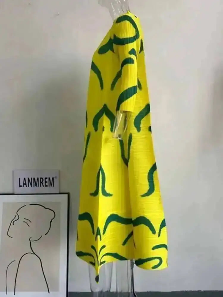 LANMREM Color Block Pleated Dress Women Loose Style Long Length Fashion Dresses Festival Clothes 2024 Spring Summer New 2DA1028