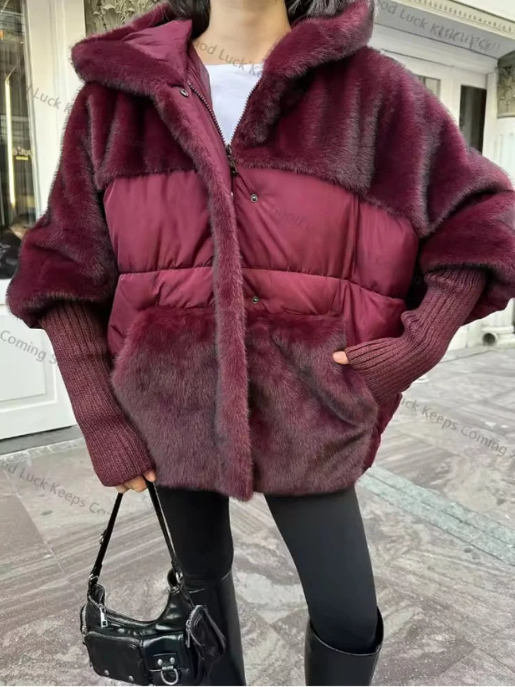 Women Fashion Hooded Patchwork Faux Fur Coat Knitted Sleeve Drop Shoulder Oversize Cotton Coats Autumn Winter 2026 Street Jacket