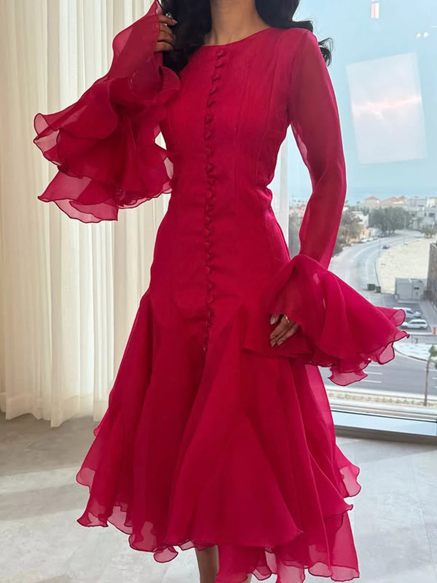 VGH Patchwork Irregular Hem Midi Dress for Women Round Neck Ruffles Sleeve High Waist Temperament Elegant Prom Dresses Female