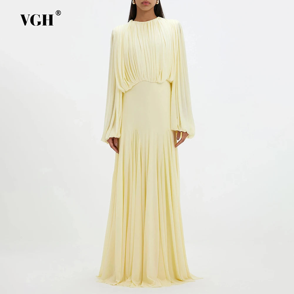 VGH Yellow Dinner Loose Folds Maxi Dresses for Women O Neck Shoulder Pud High Waist Temperament Dress Female Fashion Clothing