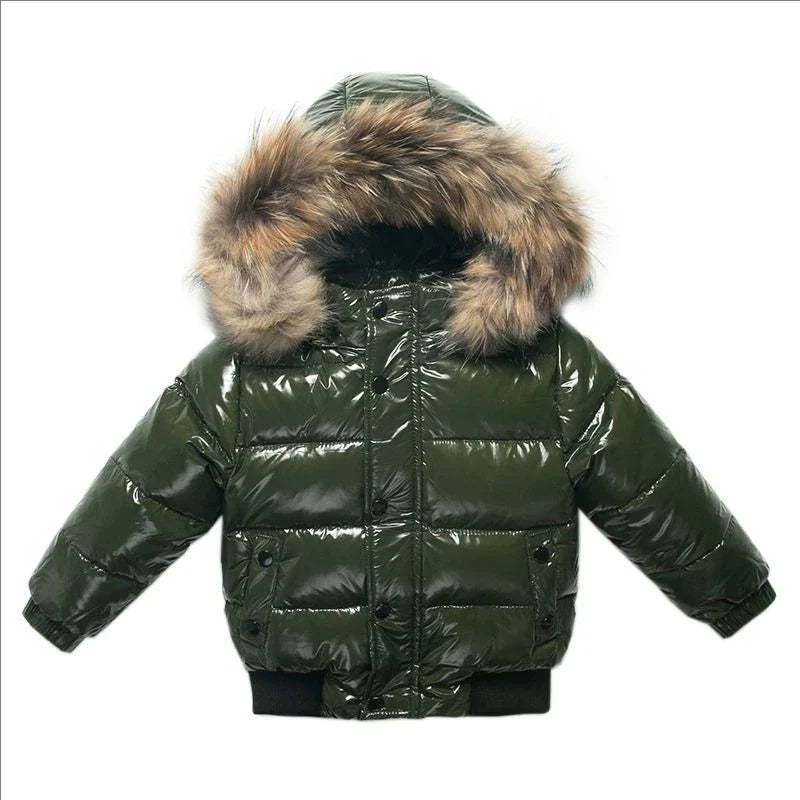 Kids Winter Down Jacket Real Faux Fur Waterproof Shiny Thick Warm Outerwear
