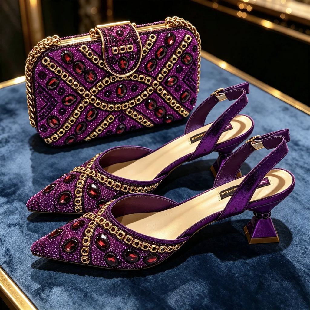 New Italian Design Blue Rhinestone High Heel Shoes & Bag Set Elegant Pointed-Toe For Women Wedding Party Evening Occasions
