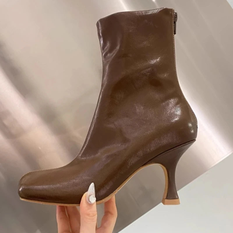 JOZHAMTA Size 34-43 Women Real Leather Thin Heels Ankle Boots Slip On Warm Autumn Winter Sexy Round Toe Elegant Short Boots