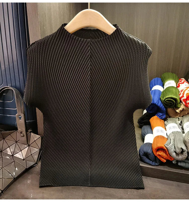 LANMREM Stand Collar Dragon Scale Pleated T-shirt High-end Versatile Slimming Short Sleeved Women's Summer Pullover Tops 2DB3044