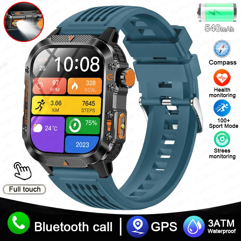 Military GPS Smartwatch Men | 2.01" AMOLED Flashlight Bluetooth 3ATM Waterproof