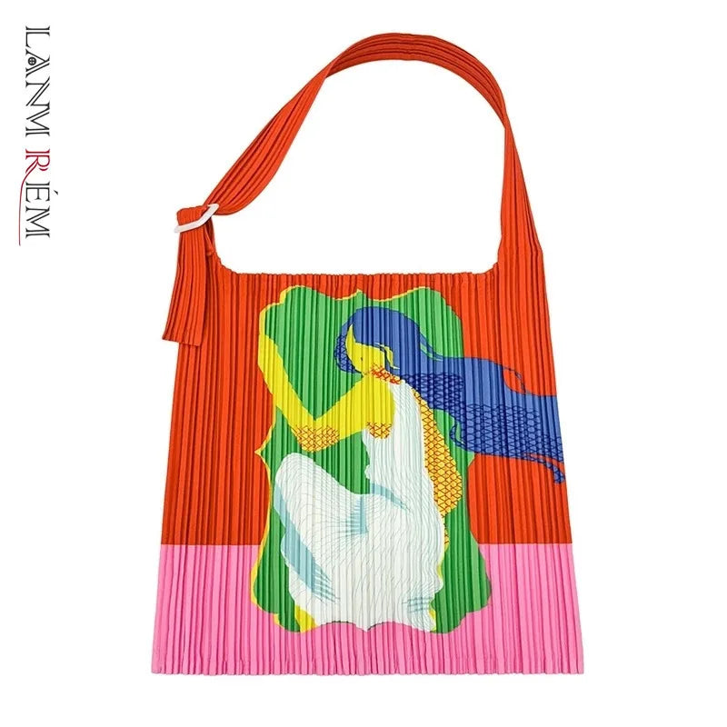 LANMREM New Trendy Human Head Pattern Square Pleated Single Shoulder Handbag High-Quality Women's Pleated Bags 2DB4942