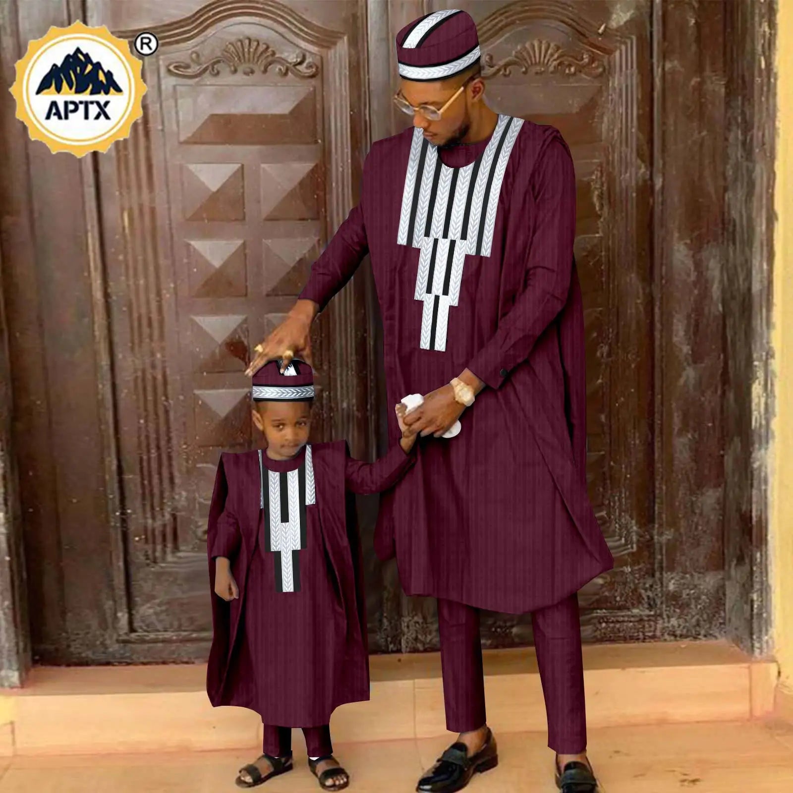 Tenue assortie africaine pour la famille en Bazin Riche, ensembles musulmans, vêtements Dashiki père et fils, robe Agbada, chemise et pantalon, chapeau Y23F001