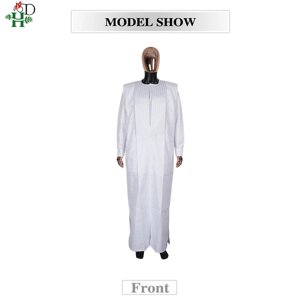 H&D African Clothing For Man Traditional Agbada Sets 3PCS Thobe Pant White Bazin Riche Embroidery Suits Wedding Party Plus Size