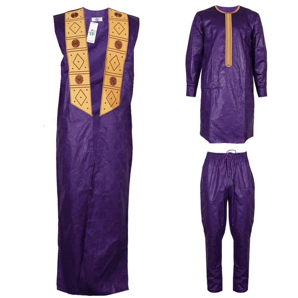 African Clothes for Men Bazin Riche Embroidery Design Long Sleeve Tops And Pants Suits 3 PCS Traditional Purple Outfit