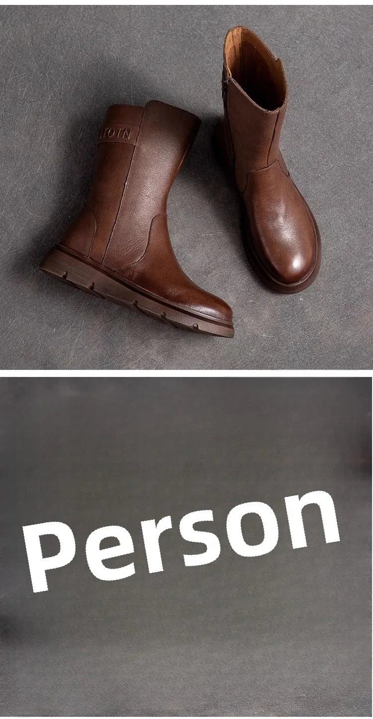 Genuine Leather Mid-Calf Motorcycle Boots Women's Autumn Winter New Style Retro Soft Bottom  Boots Trendy Short Boots