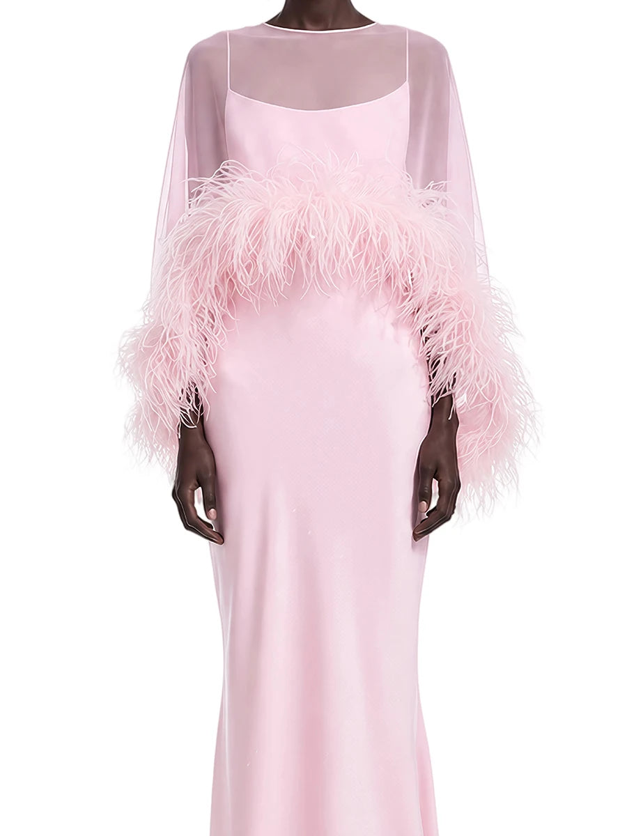 VGH Formal Feather Cape Sleeve Maxi Dress for Women O Neck Spaghetti Strap Floor Length Long Evening Prom Cocktail Party Gown